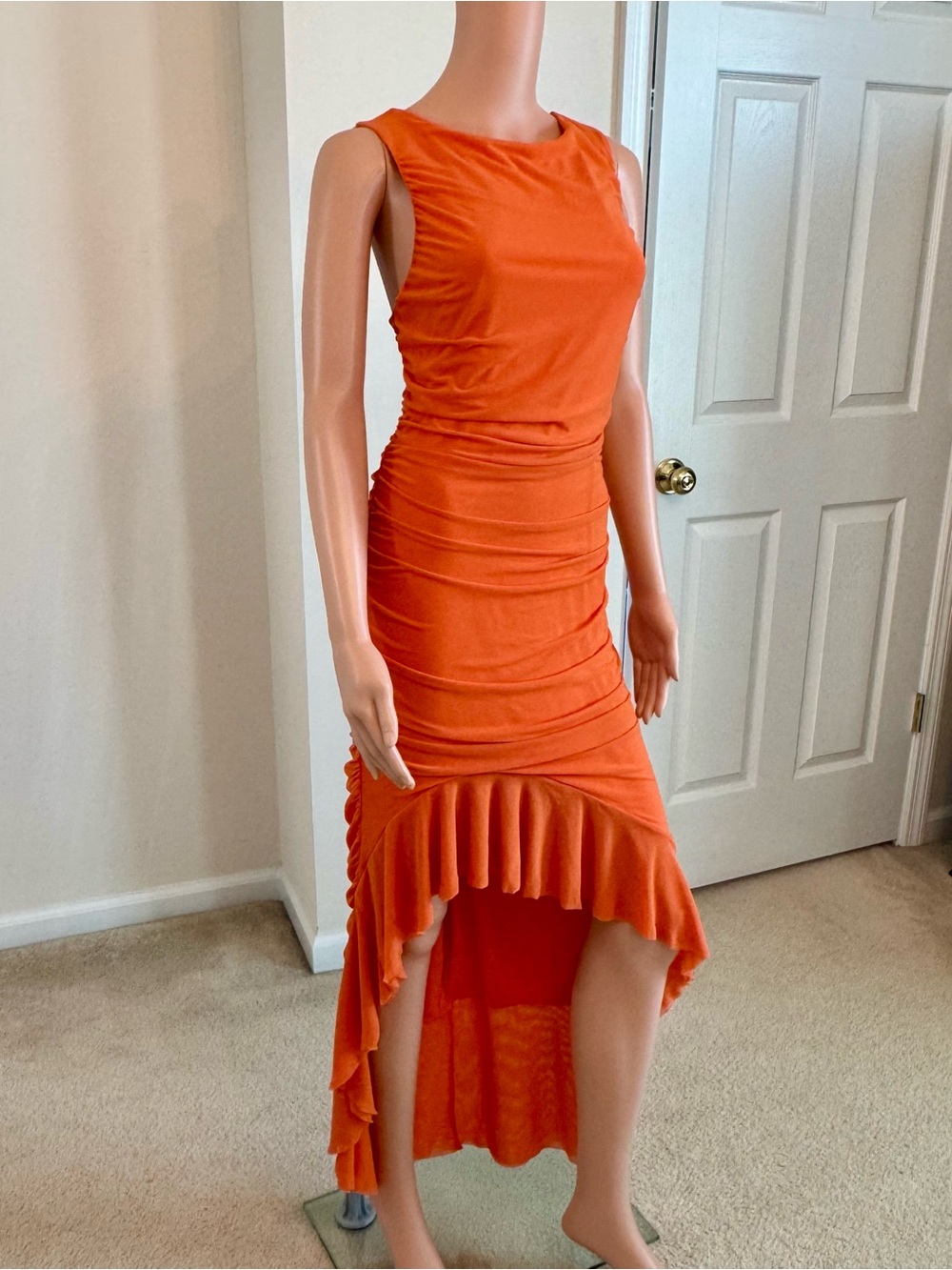 Orange ruched bodycon asymmetrical hem maxi dress high-low ruffle hem XL